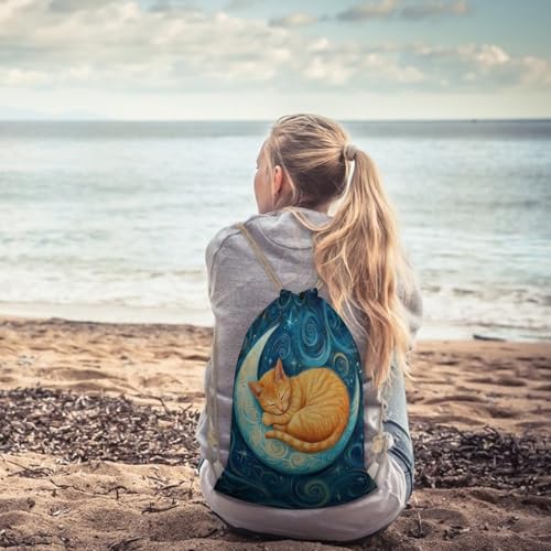 Amazon.com | Orange Cat on Crescent Moon Drawstring Backpack Canvas String Bag Lightweight Sports Gym Bag for Men Women | Drawstring Bags