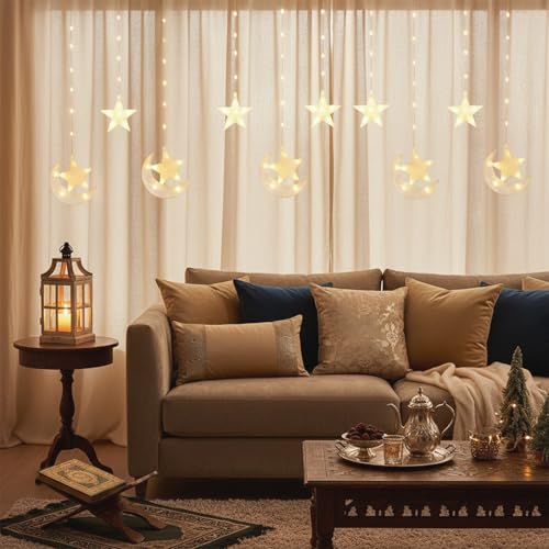 Ramadan Curtain String Lights, 110 LED Warm White Window Lights with 10 Hanging Star & Moon Ornaments, 8 Modes Plug-in Star Moon Window Decor for Ramadan Eid Mubarak Home Balcony Mandir