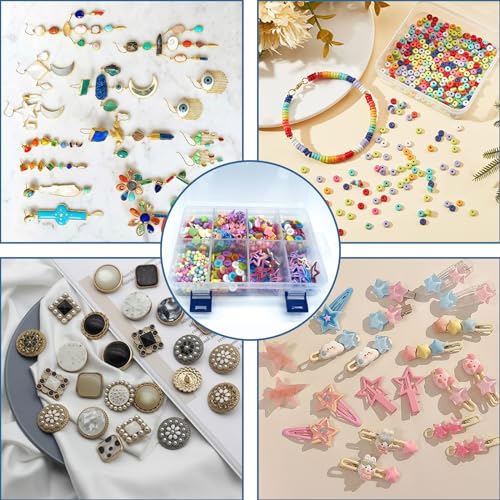 2 Pcs 8 Grids Clear Plastic Storage Box with Adjustable Dividers, Stackable 8 Compartments Small Organiser Box Container for Accessories Beads Jewelry Earring Tool, 7.48×5.23×1.8 Inches