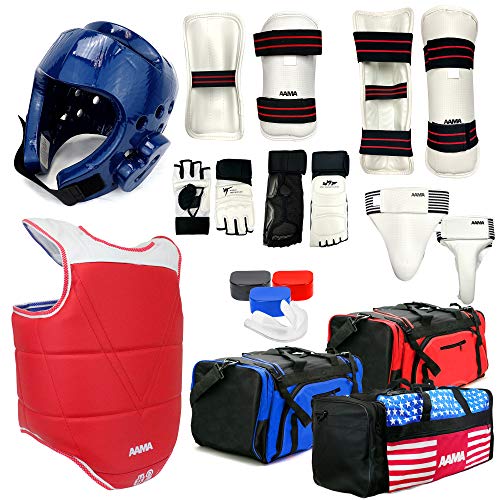 AAMA Complete Taekwondo Sparring Protective Gear Equipment Set - Customizable - color: SET A Blue (Shin + Hand + Foot)