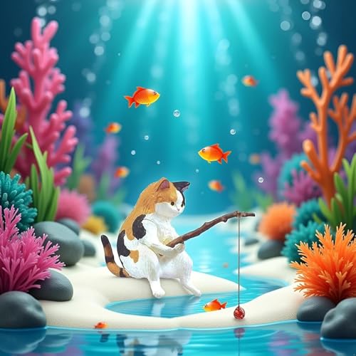 Fish Landscaping Fishing Cat Ornaments Mini Resin Figurine Cartoon Cat Statue for Home Office Aquarium Decoration Fishing Cat Figurine Aquarium Décor