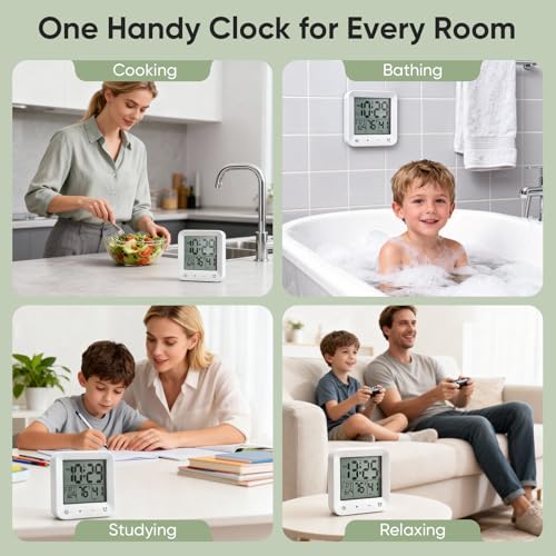 Bathroom Clock Waterproof Shower Timer, Digital Wall Clock with Countdown, Touch Screen, LCD Display, Temperature, Suction Cup/Hanging Hole/Stand, Spa Sauna I White - color: White
