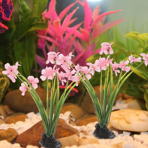 Veemoon 2 Pcs Pink Aquarium Artificial Plants, 7.47 Inch Tall Fake Lotus Flower Decor, Plastic Betta Fish Tank Desktop Bowl Accessories