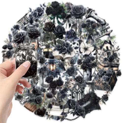 50Pcs Dark Aesthetic Transparent PET Stickers Black Rose Stickers Goth Style Scrapbook Supplies Water Bottle Waterproof Sticker for Bullet Journal Laptop Skateboard Computer Guitar Sticker (DR-PET) - color: Dr-pet