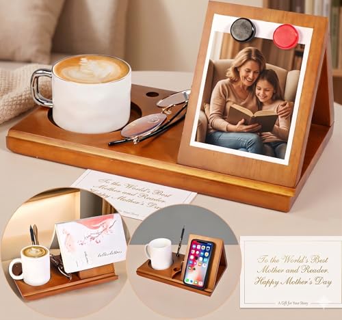 Wood Desktop Book Stand for Reading Rest Birthday and Mothers Day Gifts, Book Page Holder Thumb Bookmark,Magnet Couple Photo or Note, Book Accessories, Triangle Book Nook with Cup for Book Lovers - style: Magnetic attraction