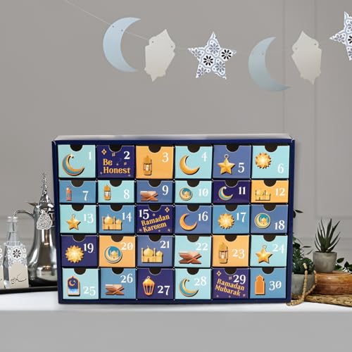 MOVINPE Ramdan Calendar with Drawers 2026 Ramadan Gifts for Kids, 30 Pre-Assembled Empty Boxes Eid Mubarak Coutdown Calendar Fillable Islamic Art Gift Box, Ramadan Party Supplies (Blue) - color: Blue