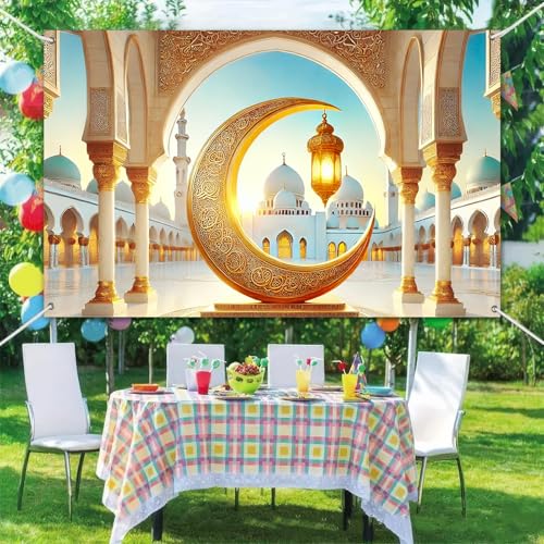 BlissYard Ramadan Banner Eid Mubarak Decoration 71x43 Inch Crescent Moon Lantern Mosque Dome Islamic Wall Art Ramadan Kareem Backdrop for Muslim Festival Indoor Outdoor Spiritual Party Display