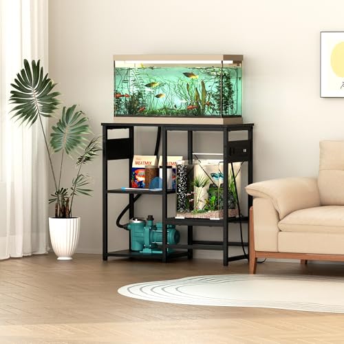 GRLEAF 5-10 Gallon Fish Tank Stand with Power Outlets, 4 Tier Metal Aquarium Stand with Wood Storage Shelves, 20.3" L x 10.6" W x 30.3" H Turtle Reptile Fish Tank Table Aquarium Table - Black - size: 5-10 Gallon