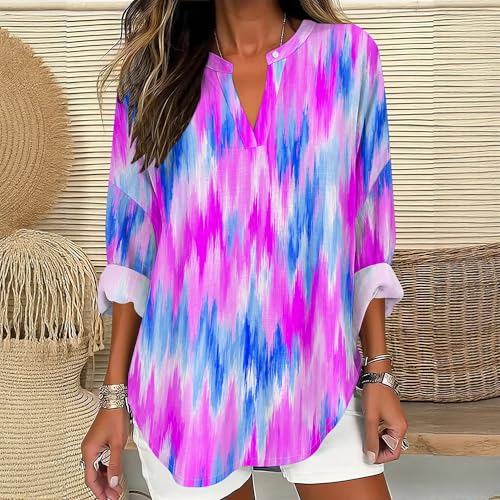 Tie Dye Style Shirt for Women V Neck Long Sleeve Blouse Cute Printed Casual Loose Fit Summer Beach Tunic Tops - color: Style14, size: Medium