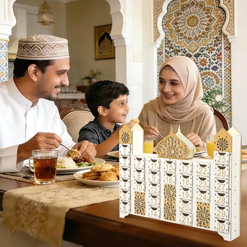Wooden Ramadan Countdown Calendar, Eid Mubarak Advent Calendar with Drawer, Mosque Shaped Fillable Muslim Ramadan Decoration for Home Holiday Tabletop Decor Gift Party Supply