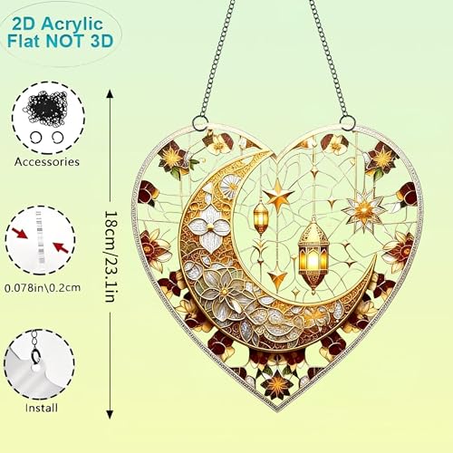 Heart Shaped Crescent Moon Lantern Floral Acrylic Suncatcher with Hanging Chain, Islamic Style Window Decor for Home, Patio, Garden,Ideal Present for Ramadan, Eid, Wedding, Housewarming/YX-45