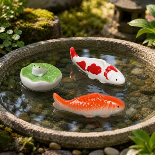 Garneck 3pcs Ceramic Floating Fish Decor: Koi Fish Aquarium Ornaments Porcelain Garden Pond Figurines Leaf Pad Goldfish Water Fountain Birdbath Bowl Tank Accent for Indoor Outdoor