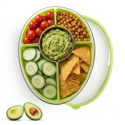 Divided Serving Tray with Lid, 5 Removable Compartments Snack & Veggie avocado shaped Tray with Center Dip Bowl, Portable Food Storage Container for Fruit, Charcuterie, Travel, Work & Parties