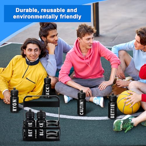 Suclain Water Bottle Carrier with 20 Oz Bottles and Stickers Plastic Wide Mouth Sports Water Bottle Squeeze Team Bottles with Black Lid for Fitness Bike Gym(14 Pcs,Black) - color: Black