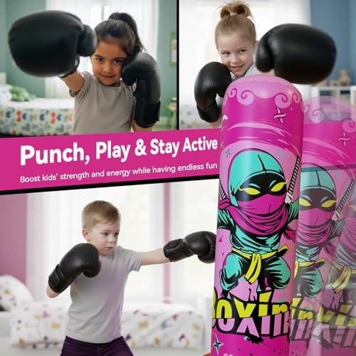 COMMOUDS 67inch Punching Bag for Kids, Inflatable Kids Boxing Set with Gloves, Fast Rebound Punching Bag for Practicing Karate, Taekwondo, MMA, Christmas/Birthday Gift for Boys Girls, Ages 6-14 - color: Pink