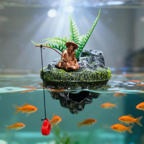 Aquarium Floating Island Decorations,Floating Fish Tank Decorations,Fisherman Aquarium Decor Island,for Betta Fish, Guppies, Goldfish, Shrimps, and Hermit Crabs