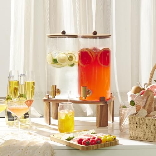 FavorFlavor 1.5 Gallon Drink Dispenser: 2P Glass Dispenser w/Wood Stand | 6L large Capacity-Stainless Steel Spigot-Beverage Container for Lemonade/Juice/Sun Tea-Ideal for Home Gatherings&Party Drink