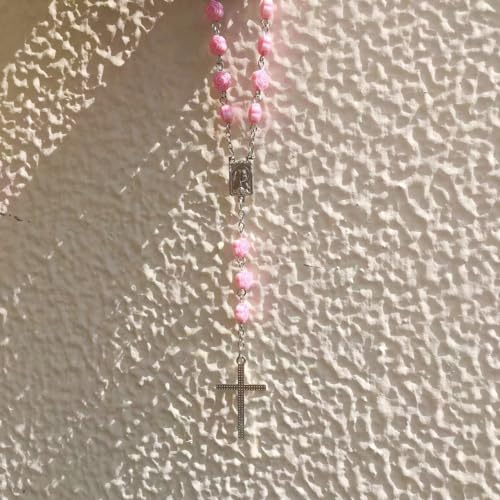Pink Catholic Car Rosary – 2PCS Hanging Rosary with Rose Beads and Sparkling Rhinestone Cross for Rearview Mirror, Mini Religious Charm for Women, Cute Car Accessories