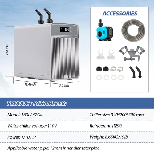 Poafamx Aquarium Chiller 42Gal Water Chiller for Fish Tank 1/10 HP Water Cooler Refrigeration Compressor for Axolotl Hydroponics System Saltwater Freshwater Coral Jellyfish with Pump and Pipe 110V