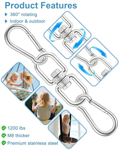 Swing Swivel, Heavy Duty 304-Stainless Steel Swivel Ring, Double Ended Eye Hook with Snap Hooks, Rotating Carabiner Swing Spinner Hanger for Web Tree (Silver, M8 x 1Pack) - color: Silver