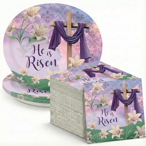 Dereinwo 50 Pcs Easter Large 12" x 10" Oval Paper Plates and Napkins Disposable Heavy Duty Paper Plates and Napkins for Easter Party Supplies - style: Easter