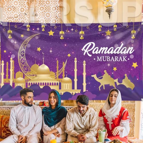 Ramadan Mubarak Decorations, Large Fabric Muslim Ramadan Kareem Backdrop Banner Eid Mubarak Sign Photo Booth Backdrop Background for Muslim Ramadan Party Supplies, 78 x 43INCH
