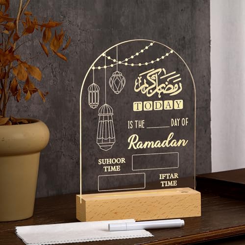 Baquler Ramadan Advent Countdown Calendar LED Eid Mubarak Decoration with Erasable Pen Cloth 2026 DIY Acrylic Ramadan Table Sign for Islam Muslims Office Home Days of Holy Month Countdown to Eid Gift