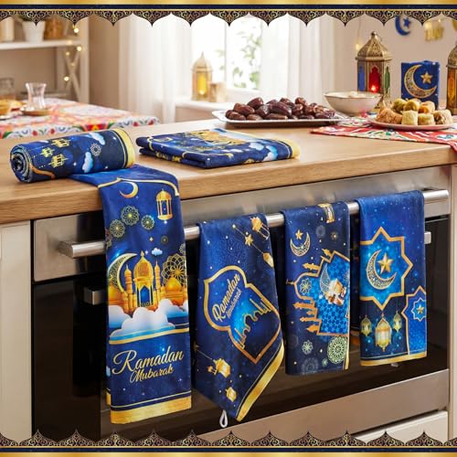 Mixweer 라마단 무바라크 주방 타월 Eid al Fitr 접시 타월 블루 골드 티 핸드 타월 파티 욕실 주방 홈 액세서리용, 6피스 40.6 x 61cm(16 x 24인치)