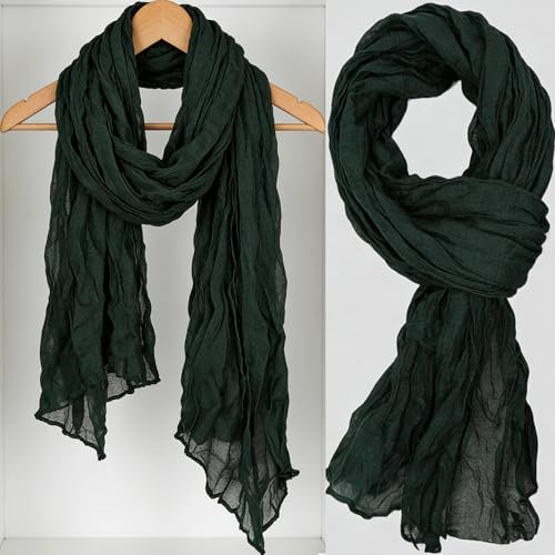 Women Crinkle Spring Scarf Shawls Summer Long Scarves Lightweight Hijab Wraps Soft Linen Cotton for Beach Travel - color: Dark Green