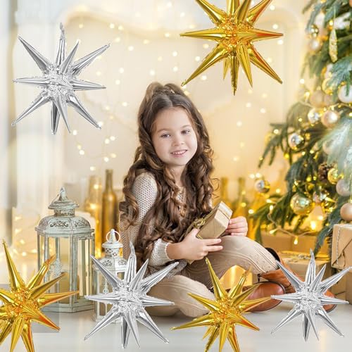 6 Pcs Silver Star Foil Balloons One-Piece 14-Pointed Star Balloon 4D Starburst Cone Mylar Balloon 22inch Christmas Birthday Wedding Wedding Anniversary Party Supplies (Silver + Gold) - color: 22 Inches Silver + Gold