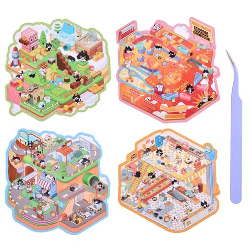 Girls 3D Miniature Scene Stickers,4 Sets Tuxedo Cat DIY House Stickers for Cool Go-Karts, Kitchen Battle, Marble Legend, Cat's World, 3D Sticker Scenes for Adult Kids Relief Stress Pass The Time - style: Tuxedo Cat