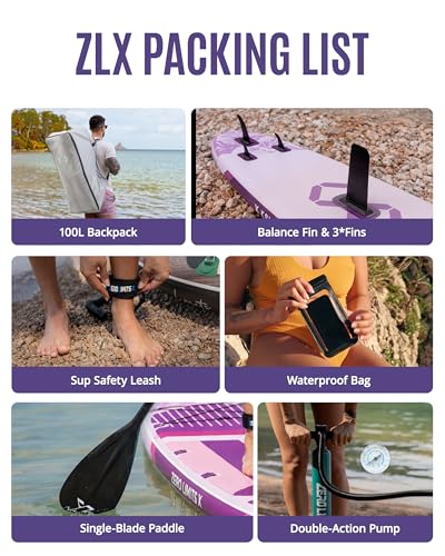 ZLX 11'6"x35" Ultra Wide Inflatable Stand Up Paddle Board | Stable Non-Slip Deck Pad, Unique Fin System, Premium SUP Accessories & Backpack - Upgraded Pump for Adults, All Skill Levels - color: Light Purple