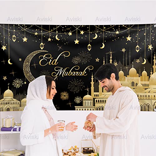 Aviski Eid Mubarak Banner 78 x 43 Inch Black Background Banners for Muslim Party Decorations