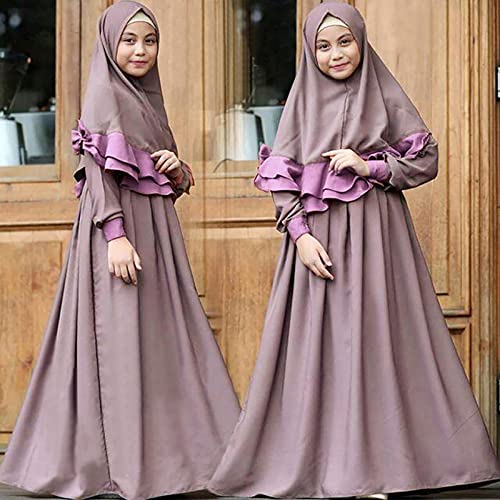 Toddler Girls Muslim Dress Abaya with Hijab Prayer Clothes Arab Solid Islamic Robe Kids Ramadan Long Skirt LDS Temple Dresses - color: B-purple, size: 2-3T