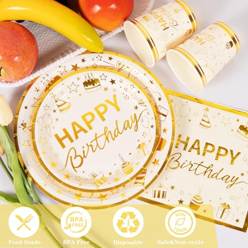 100 Pcs Gold Birthday Plates and Napkins Party Supplies with Golden Happy Birthday Party Dinnerware Set, Gold Birthday Paper Plates, Napkins and Cups for 25 Guests