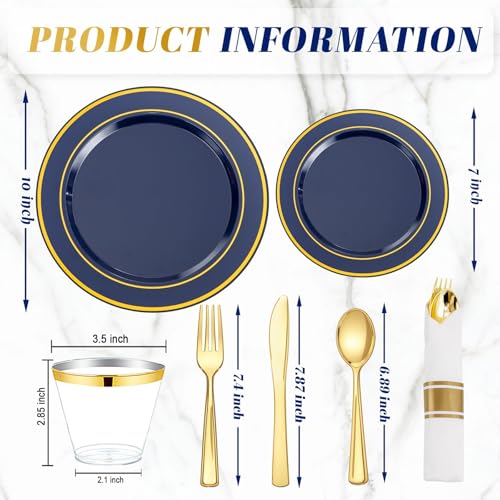 WDF Partyware 350PCS Navy Blue and Gold Plastic Plates with Rolled Napkins Include Dinner Plate 10’’, Dessert Plate 7’’, gold Cups 9 OZ, Pre Rolled Napkins for Birthday/Wedding/Party/Graduation - color: Blue and Gold, size: 350