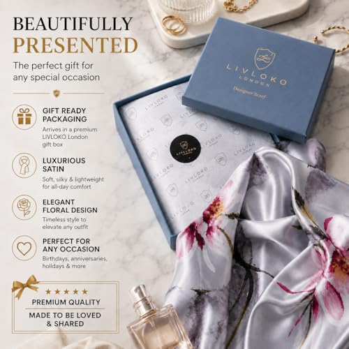 LONDON Women’s Satin Silky Scarf Gift Box Large Lightweight Silky Smooth Shawl Wrap for Hair, Head, Neck or Hijab - color: Silver Floral - Box