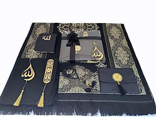 SAIKA Muslim Prayer Rug, 7 in One Gift Set, Prayer Mat Surah Book, Tasbeeh, Scarf, Surah Case, Bookmark, Car Mirror Hanger, Prayer Beads,Islamic Gift for Umrah, Hajj, Wedding, Janamaz (Black) - color: Black