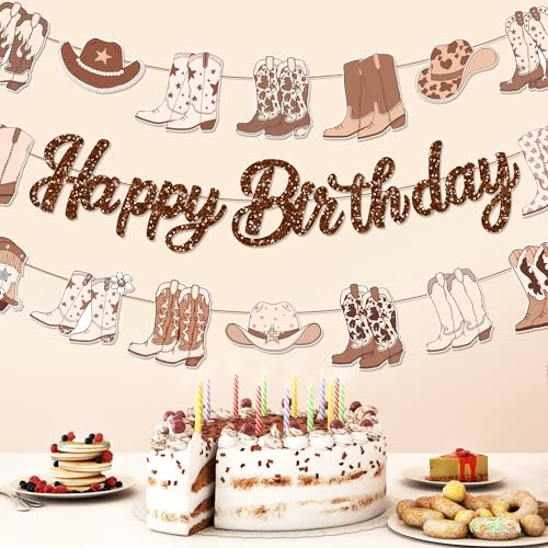 3Pcs Brown Western Cowboy Happy Birthday Banner Cherry Bow Boots Party Hanging Banner Cowboy Theme Birthday Bridal Wedding Baby Shower Boys Girls Kids Home Classroom Party Supplies Decoration - color: Brown