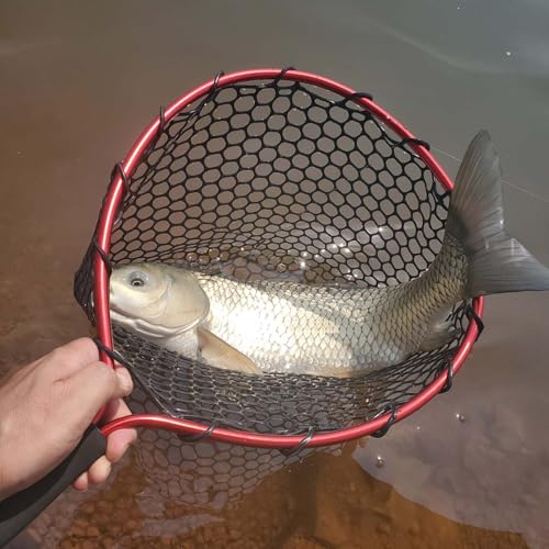 Short Handle Rubber Fishing Landing Net, 19.7" Lightweight Aluminum Frame, Portable EVA Foam Handle Trout Net for Kayak Stream Catch and Release, Hook-Friendly Rubber Netting Landing Net - color: BLUE