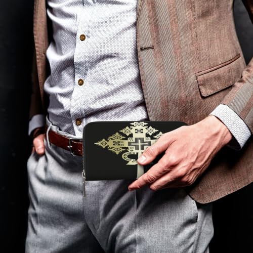 Ethiopian Cross PU Leather Long Wallet for Women Men, Zipper Clutch Wallet RFID Card Holder Organizer - color: Ethiopian Cross3