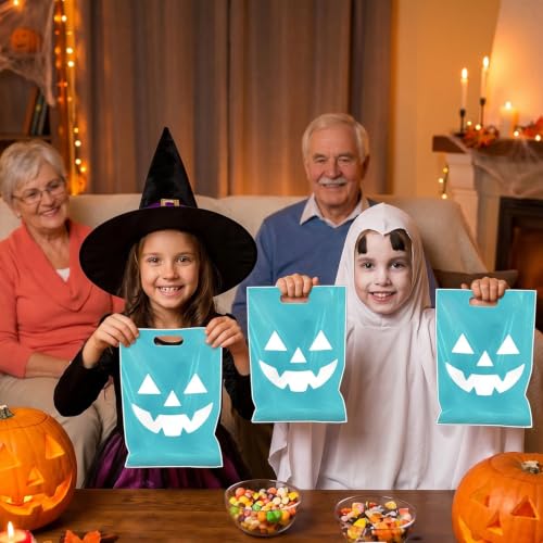 Falueqg Halloween Teal Pumpkin Favors Bags - 50 Pcs Halloween Trick or Treat Goodie Bags with New Teal Pumpkin Design, Party Supplies Plastic Gifts Pouches for Family Gathering Celebration - color: Halloween Teal Pumpkin