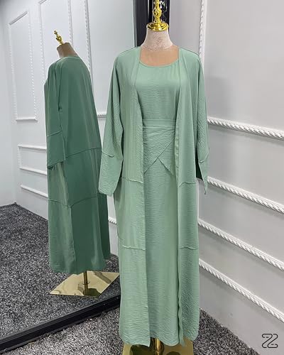 Abaya Muslim Prayer Dress Set Ramadan Open Front Islamic Clothing 3pcs Prayer Robe with Waist Apron Loose Flowy - color: Light Green, size: Small