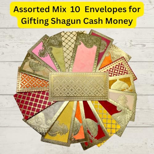 Shiney Metallic Design Paper Shagun Envelopes for Gifting Cash Sagan Lifafa Wedding, 19 X 9 cm for Diwali Birthday Wedding Anniversary Designer Invitation Envelopes - Assorted Designs (Pack of 10)