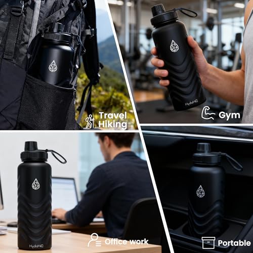 32oz Stainless Steel Insulated Water Bottle, 48H Cold & 24H Hot, Leak-Proof Wide Mouth Lids (Straw & Spout), BPA-Free Bottles, Mens Water Bottle for Gym, Hiking, Travel - Black - color: Black, size: 32 Ounces