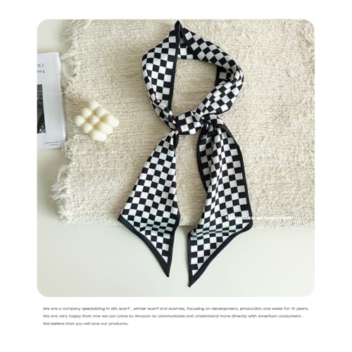 Silk Feeling Head Scarf Fashion Satin Hair Scarf Square Long Scarves for Women Gifts - color: 00 Black Checkerboard 5.12 X 59 Inch