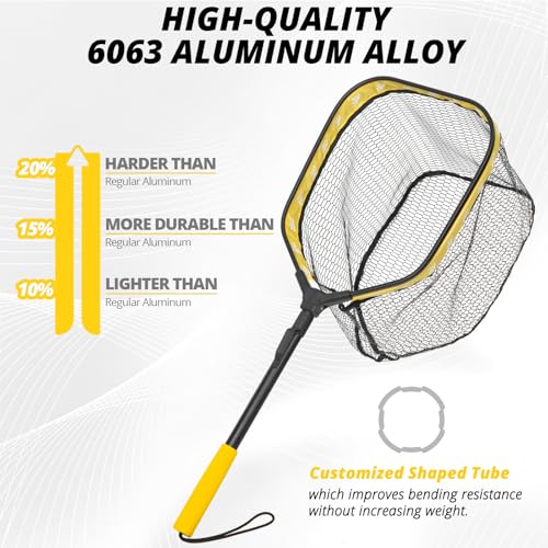 Floating Fishing Net for Fly Fishing, Foldable Landing Net | 31.2" Length, 15"x11.8" Hoop, Fish Net with Rubber Coated Polyethylene Mesh for Bass, Trout, Kayak & Boat Fishing - color: Yellow