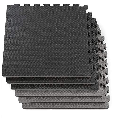 Xspec 1" Extra Thick 48 sq ft Reversible EVA Gym Foam Floor Mat Tiles (24" x 24"), Steel Pattern, 12 pcs, Black & Grey - color: Black