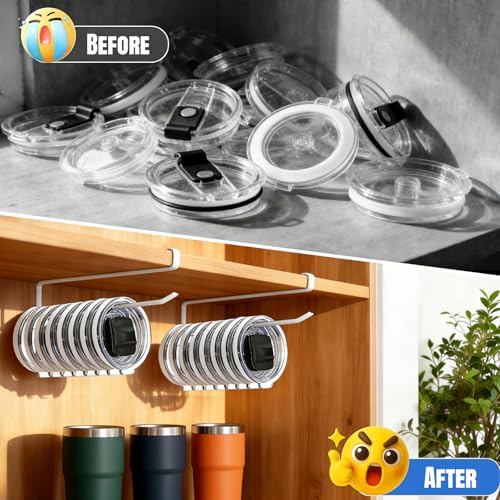 1 Pack Tumbler Lid Organizer, Versatile Cup & Water Bottle Lid Holder, Upgraded Kitchen Space Saver & Under Cabinet Storage, No Adhesive or Drilling Needed, Multi-Use Tumbler Lid Holder, White - style: 1 Pack, White