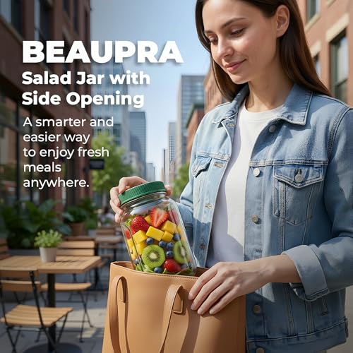 Premium Salad Jars with Side Opening, salad container, on the go salad jar Lunch Box for Meal Prep & Food Storage, Keeps Food Fresh & Organized, salad bowls to go for lunch, travel